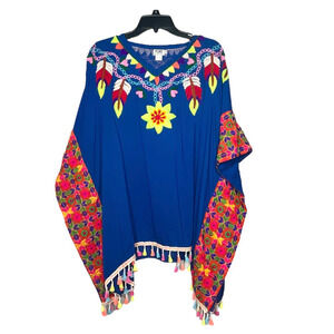 Pong Embroidered Fringe 100% Cotton Tassel Festival Fiesta Poncho Large